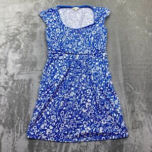 Boden Cap Sleeve Ruched Waist Floral Dress Blue White Women 8P Boho Cottagecore